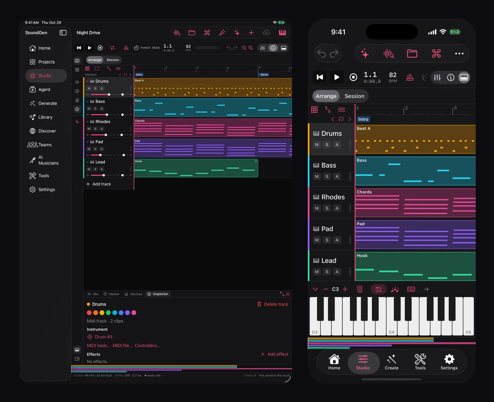 The same project open on iPad in the desktop layout and on iPhone in the compact layout with an on-screen keyboard