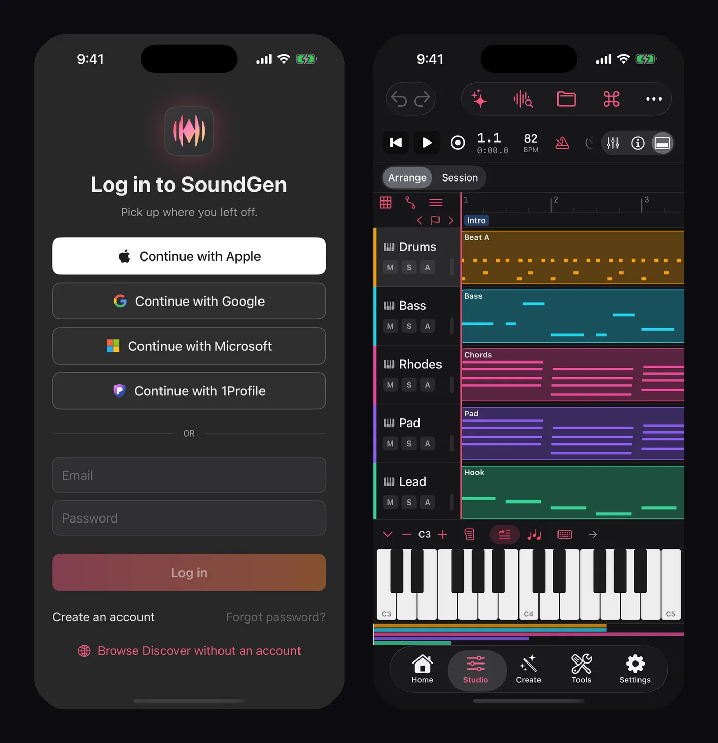 The SoundGen iPhone app's sign-in screen beside the Studio with a five-track project and the on-screen keyboard