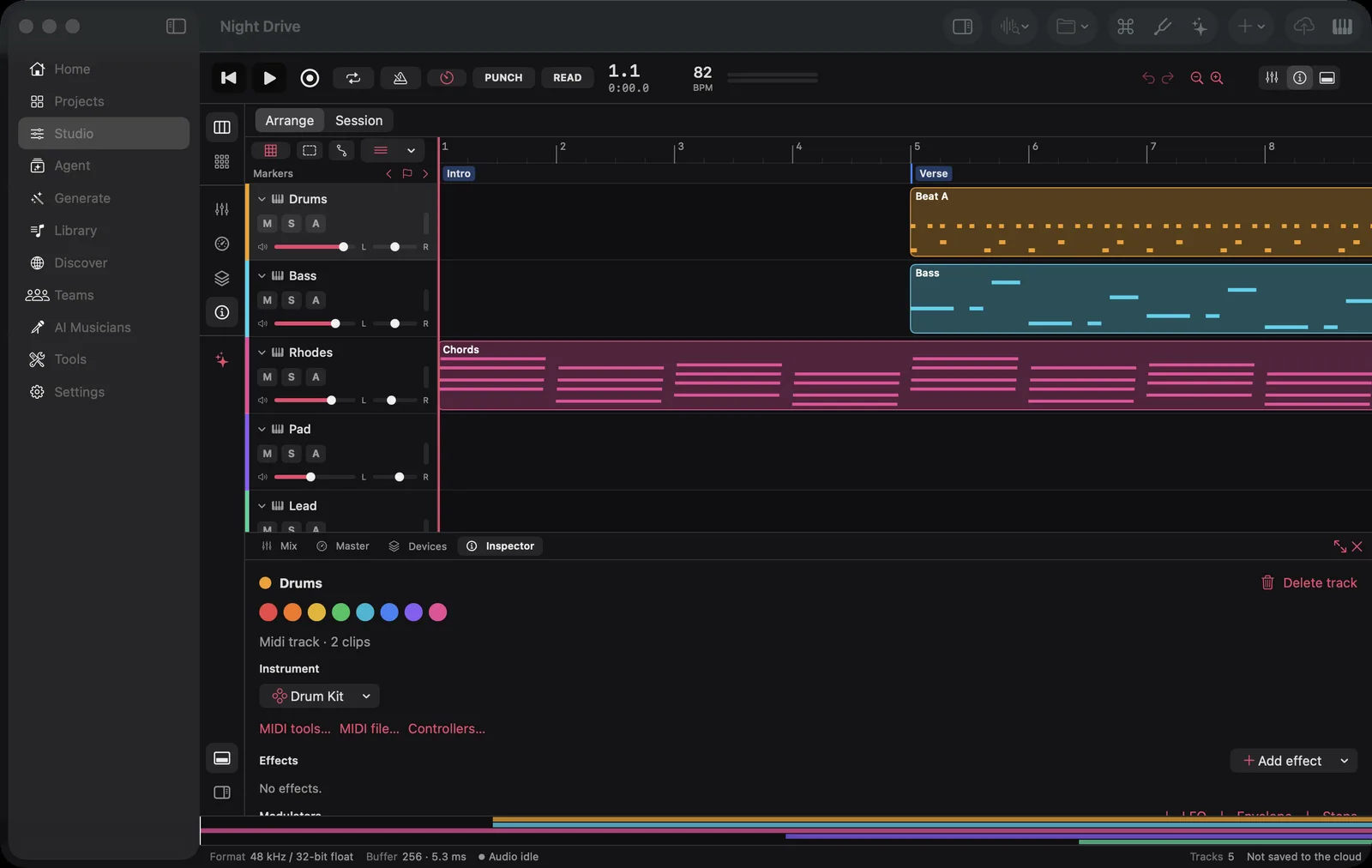 The SoundGen Mac app's Studio: five instrument tracks in the arrangement, with the track inspector below