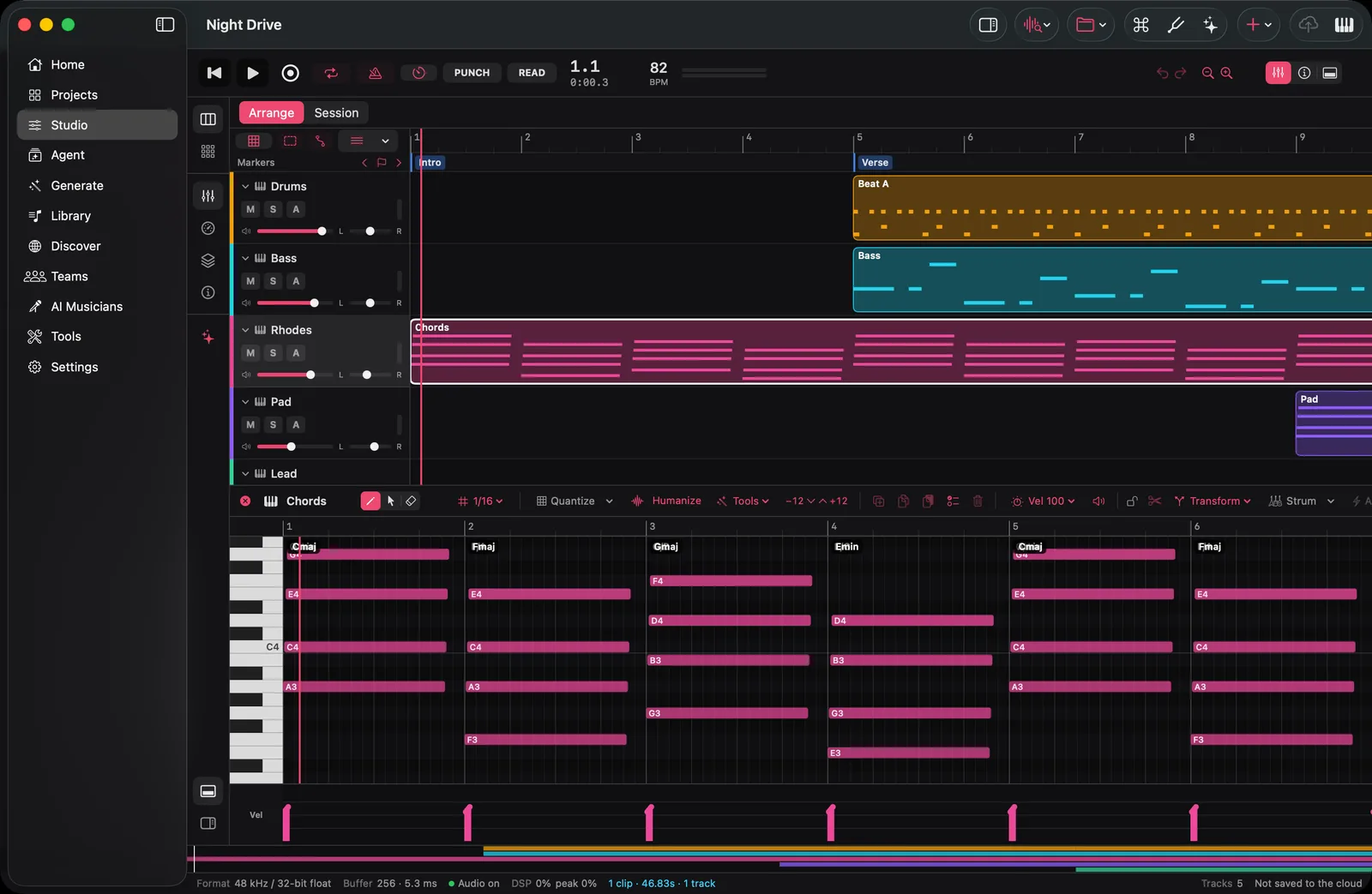The piano roll in the SoundGen Mac app, editing a chord part with the chord names detected above the notes